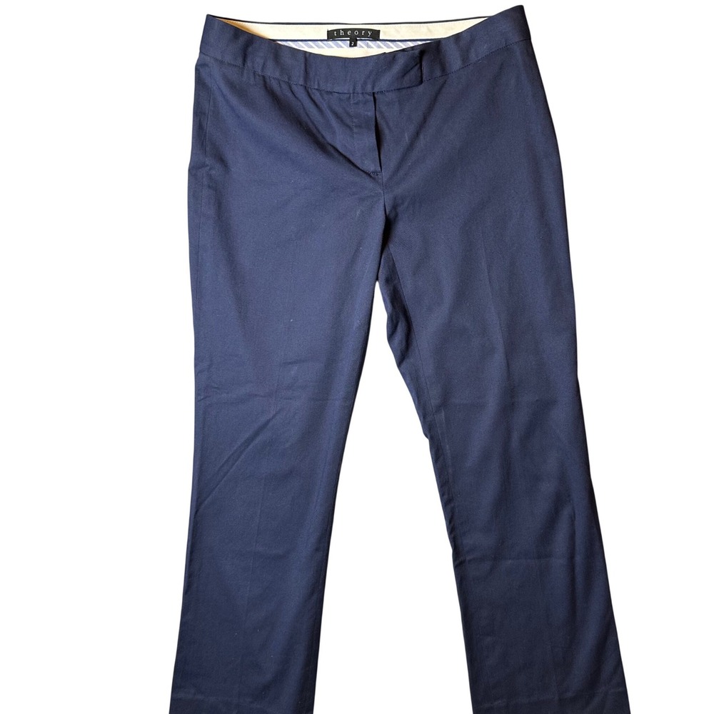 Theory Tailored Dress Pants Women Sz 2 Navy Cotton Modal Stretch Straight Leg